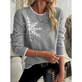 Women'S Soft Round Neck Snowflake Sweater - All-Season Casual & Semi-Formal Pullover with Snowflake Pattern, Cozy Winter Sweater for Everyday & Special Occasions, Durable Easy-Care Knitwear (No Shrinkage)