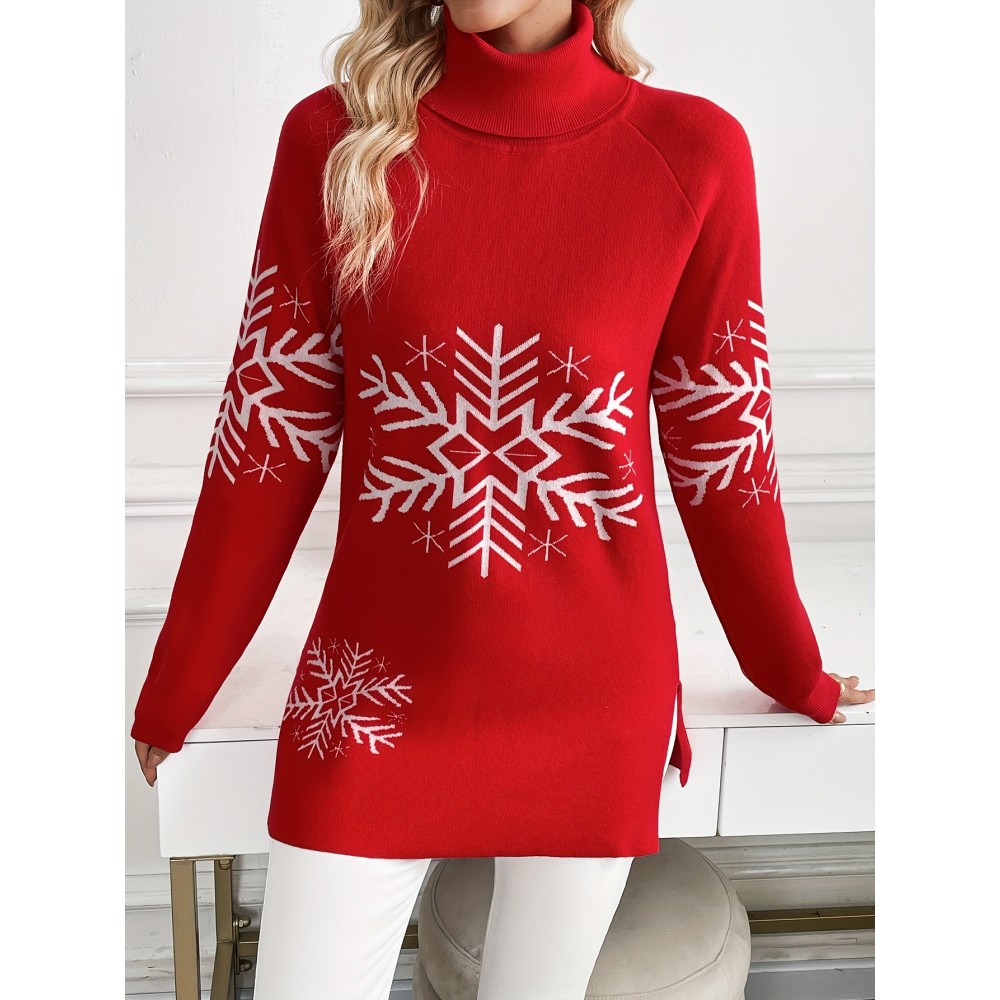 Women's Elegant Snowflake Christmas Sweater - High Neck Long Sleeve Red Winter Top, Festive Holiday Party Outfit, Cozy Winterwear Blouse