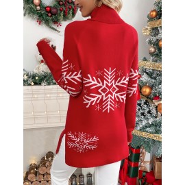 Women's Elegant Snowflake Christmas Sweater - High Neck Long Sleeve Red Winter Top, Festive Holiday Party Outfit, Cozy Winterwear Blouse