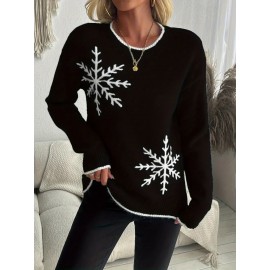 Women'S Snowflake Print Sweater - Winter Season, Holiday Style, Long Sleeves, Contrast Trim, Trendy Holiday Fashion, Ideal For Christmas Parties, Winter Outings, And Festive Events
