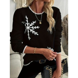 Women'S Snowflake Print Sweater - Winter Season, Holiday Style, Long Sleeves, Contrast Trim, Trendy Holiday Fashion, Ideal For Christmas Parties, Winter Outings, And Festive Events