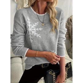 Women'S Snowflake Print Sweater - Winter Season, Holiday Style, Long Sleeves, Contrast Trim, Trendy Holiday Fashion, Ideal For Christmas Parties, Winter Outings, And Festive Events