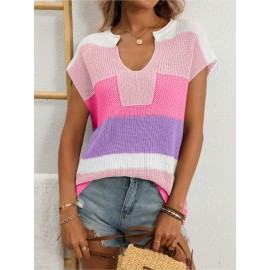 Women's Pastel Pink & Purple Striped Sweater - Oversized V-Neck Long Sleeve Blouse, Loose Fit Casual Summer Top with Round Neckline for Beach Outfits, Brunch Dates & Casual Attire, Machine Washable Layering Piece (Pink/Purple/White/Peach), Soft Fabric for Comfort, Relaxed Fit for Jeans Shorts & Dresses, Suitable for Beach Travel and Casual Outings
