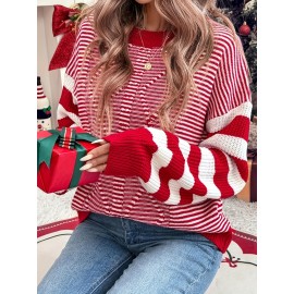 Women's Red & White Striped Sweater - Soft Stretchy Crewneck Sweater with Black Piping & Horizontal Stripes, Elegant Winter Sweater for Christmas Parties, Family Gatherings, Cozy Holiday Outfits (Pink/Beige/Brown/Navy) - Versatile