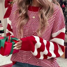 Women's Red & White Striped Sweater - Soft Stretchy Crewneck Sweater with Black Piping & Horizontal Stripes, Elegant Winter Sweater for Christmas Parties, Family Gatherings, Cozy Holiday Outfits (Pink/Beige/Brown/Navy) - Versatile