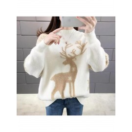Women'S Elegant Deer Jacquard Sweater - Soft Round Neck Loose Fit Winter Sweater with Deer & Foliage Pattern, Cozy Fall Winter Sweater for Casual & Semi-Formal Outfits, Korean Fashion Style (GreenBrown) - Versatile Layering Piece