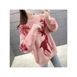 Women'S Elegant Deer Jacquard Sweater - Soft Round Neck Loose Fit Winter Sweater with Deer & Foliage Pattern, Cozy Fall Winter Sweater for Casual & Semi-Formal Outfits, Korean Fashion Style (GreenBrown) - Versatile Layering Piece