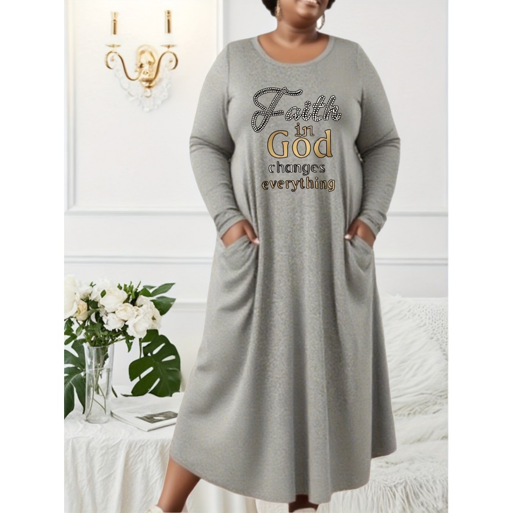 Women's Plus Size Long Maxi Dress with Faith In God Changes Everything - Maroon Religious Dress, Machine Washable Church Outfit, Loose Fit Fall Winter Formal & Casual Wear, Faithbased Apparel, Elegant Longsleeve Design, Comfortable Fabric