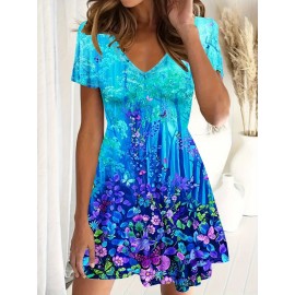 [Overseas Printing]Plus Size Women'S Vibrant Print Dress- Casual Short Sleeve, Stretch Polyester Blend, Washable- Spring/Summer Essential