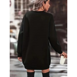 Plus Size - Plus Size Women'S Elegant Black Sequin Heart Print Sweater Skirt - Loose Fit Long Sleeve Crew Neck Pullover, Machine Washable Comfortable Fabric For Spring/fall Casual & Semi-formal Wear, Spring Fall Apparel