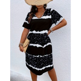 Fashionable And Elegant Plus Size Women'S Striped Printed Dress