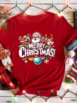 Women's Red Christmas T-Shirt with Santa & Reindeer Print, Merry Christmas Lettering & Gingerbread Men - Casual Round Neck Short Sleeve Holiday Party Outfit, All-Season Wear (Machine Washable) - Festive Gift Apparel