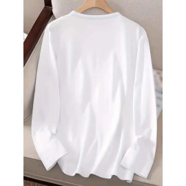 Women'S 100% Long Sleeve T-Shirt with Red & Letter Graphic Print - Casual Round Neck All-Season Top, Breathable Casual Attire, Regular Fit for Layering & Statement Outfits, Versatile Casual to Semi-Formal Wear, Elegant Art Design, Geometric Pattern