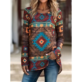 Women'S Southwest-Style Geometric Print Long-Sleeve Top - Elastic V-Neck Casual Shirt, Machine Washable Translucent Fabric with Turquoise/Orange/Black/Beige/White/Gray Patterns, Resort Wear & Everyday Elegant Blouse for Fall Winter Layering, Southwestern Bohemian Style Clothing, Regular Fit with Intricate Geometric Design, Stretchy Material for Comfort, Spring/Summer Wear, Pullover Style with Long Sleeves, Women Top And Blouse, V Neck T Shirt For Women, Fall Shirt For Women, White Top