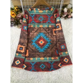 Women'S Southwest-Style Geometric Print Long-Sleeve Top - Elastic V-Neck Casual Shirt, Machine Washable Translucent Fabric with Turquoise/Orange/Black/Beige/White/Gray Patterns, Resort Wear & Everyday Elegant Blouse for Fall Winter Layering, Southwestern Bohemian Style Clothing, Regular Fit with Intricate Geometric Design, Stretchy Material for Comfort, Spring/Summer Wear, Pullover Style with Long Sleeves, Women Top And Blouse, V Neck T Shirt For Women, Fall Shirt For Women, White Top