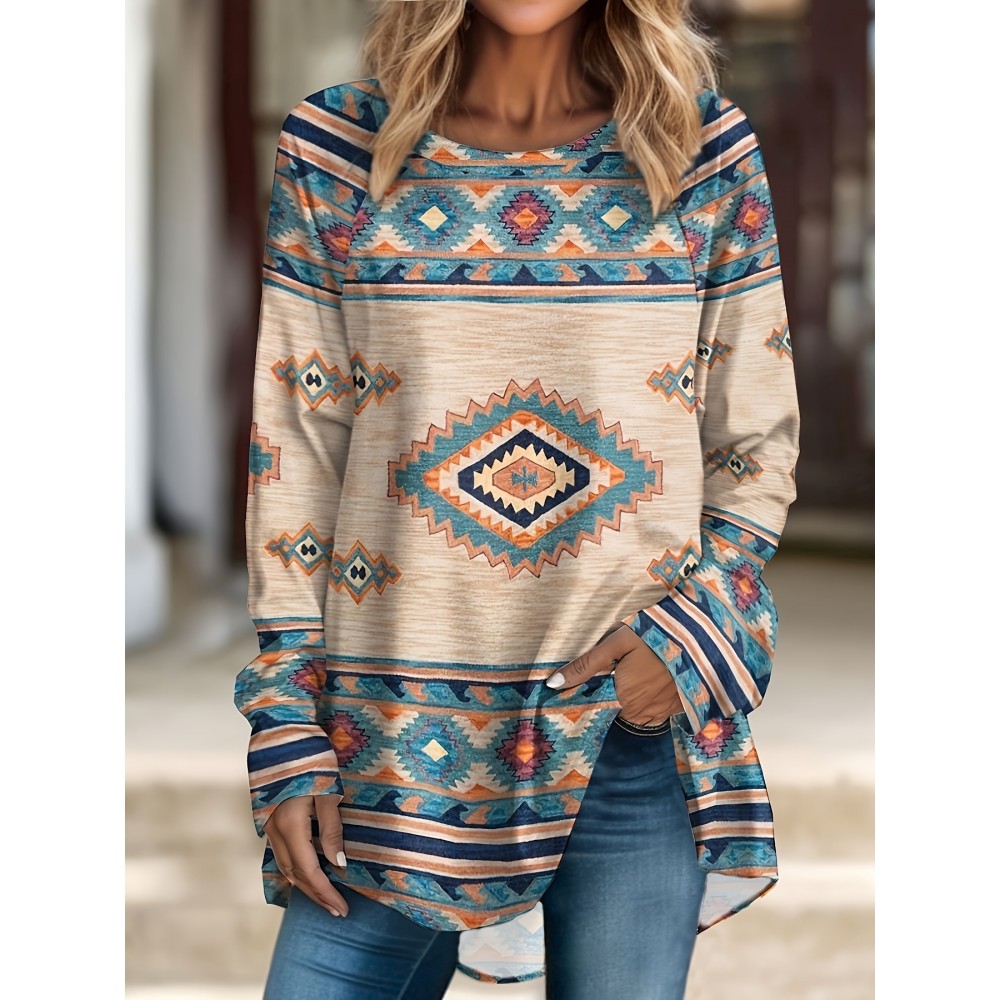 Women'S Southwest-Style Geometric Print Long-Sleeve Top - Elastic V-Neck Casual Shirt, Machine Washable Translucent Fabric with Turquoise/Orange/Black/Beige/White/Gray Patterns, Resort Wear & Everyday Elegant Blouse for Fall Winter Layering, Southwestern Bohemian Style Clothing, Regular Fit with Intricate Geometric Design, Stretchy Material for Comfort, Spring/Summer Wear, Pullover Style with Long Sleeves, Women Top And Blouse, V Neck T Shirt For Women, Fall Shirt For Women, White Top