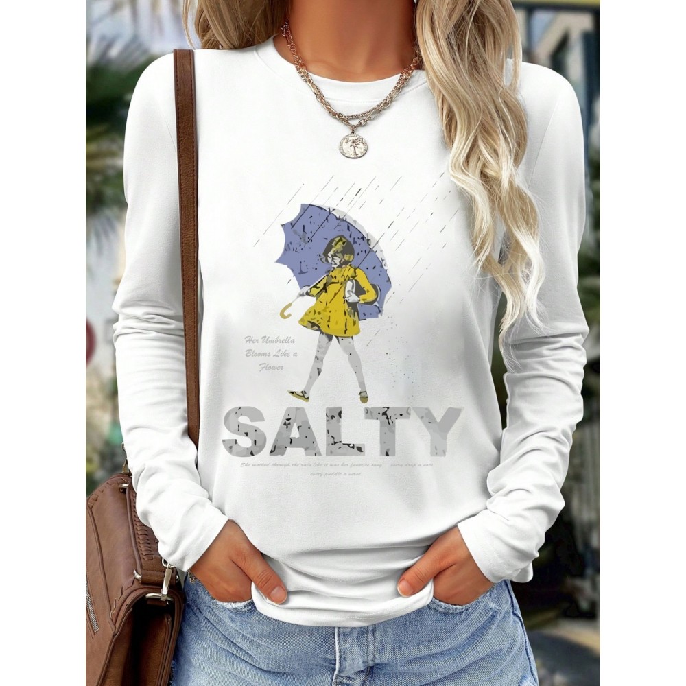Women'S Long Sleeve T-Shirt - White Top with SALTY Graphic, Crew Neck Casual Everyday Shirt for Women, All-Season Everyday & Party Outfits - from Local Warehouse, Versatile Clothing, Playful Design, Quality Stitching, Stylish Blouse, Fashion Lovers