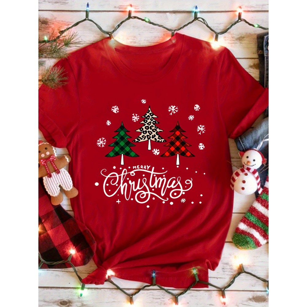 Women's Red Christmas T-Shirt with 'Merry' Text, Plaid & Checkered Tree, Snowflake & Candy Cane Patterns - Soft Stretch Fabric Casual Round Neck Top for July Christmas Parties, Holiday Outfits (/Red/Golden) - Year-Round Wearable