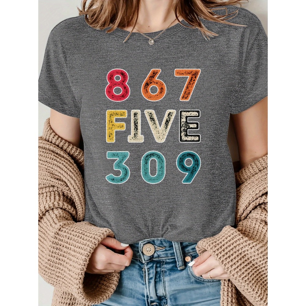 [Vibrant Graphic Tee] Vibrant Purple Women's Casual Short-Sleeve T-Shirt with Bold 867 FIVE 309 Graphic Print | Round Neck Top, Sporty Comfort Fit, Machine Washable Spring Summer Tee, Ladies T Shirts, Casual Attire, Soft Fabric