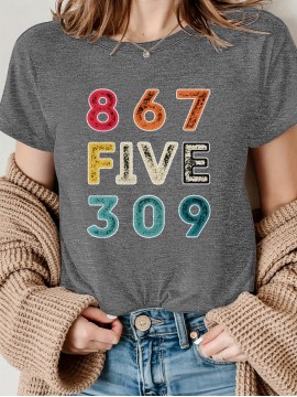 [Vibrant Graphic Tee] Vibrant Purple Women's Casual Short-Sleeve T-Shirt with Bold 867 FIVE 309 Graphic Print | Round Neck Top, Sporty Comfort Fit, Machine Washable Spring Summer Tee, Ladies T Shirts, Casual Attire, Soft Fabric