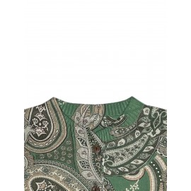 Plus Size - Elegant 2D Printed Geometric Pattern Cardigan - Cozy Fall/Winter Sweater with Button Details, Stretchy Fabric, Long Sleeve, Round Neck, Autumn Winter Apparel | Stylish Cardigan | Constructi