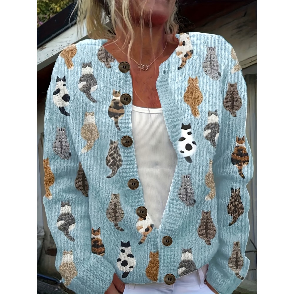 Plus Size, Women's Plus Size Print Cardigan Jacket - Oversized Collar Long Sleeve Coat with Face & Paw Button Patterns, Spring/Fall Casual Outerwear (Turquoise) - Hand Washable Sweater for Large Women, -Themed Events & Everyday