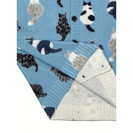 Plus Size, Women's Plus Size Print Cardigan Jacket - Oversized Collar Long Sleeve Coat with Face & Paw Button Patterns, Spring/Fall Casual Outerwear (Turquoise) - Hand Washable Sweater for Large Women, -Themed Events & Everyday