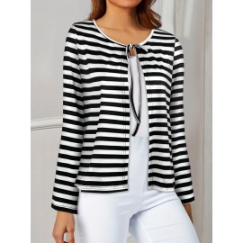 Plus Size - Plus Size, Women'S Plus-Size Elegant Long Sleeve Cardigan - Tie-Up Front, All-Over Black & White Horizontal Lines, Open Front Closure, Non-Stretchy Fabric for Fall/Winter Layering - Office, Party, Everyday Outfits - Women'S Sweater, Cardigan Sweater, Winter Layering Piece, Round Neckline, Durable Knitwear, Office Attire, Classic Design, Quality Stitching, Stylish Sweater, Fashion Lovers