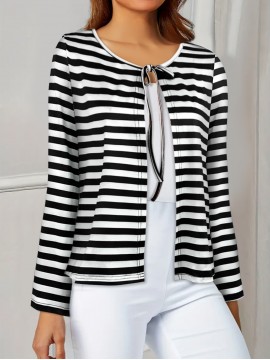 Plus Size - Plus Size, Women'S Plus-Size Elegant Long Sleeve Cardigan - Tie-Up Front, All-Over Black & White Horizontal Lines, Open Front Closure, Non-Stretchy Fabric for Fall/Winter Layering - Office, Party, Everyday Outfits - Women'S Sweater, Cardigan Sweater, Winter Layering Piece, Round Neckline, Durable Knitwear, Office Attire, Classic Design, Quality Stitching, Stylish Sweater, Fashion Lovers