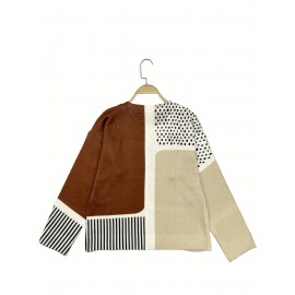 Plus-Size Women's Lightweight Cardigan - Spring/Autumn Open Front Sweater with Digital Print (Brown/White/Beige/Patterned), Round Neck Long Sleeve Button Front for Casual & Resort Wear, Cardigan Sweater, Spring Outerwear, Trendy Knitwear, Cozy Feel Fabric