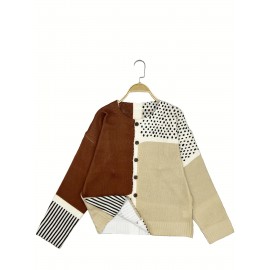 Plus-Size Women's Lightweight Cardigan - Spring/Autumn Open Front Sweater with Digital Print (Brown/White/Beige/Patterned), Round Neck Long Sleeve Button Front for Casual & Resort Wear, Cardigan Sweater, Spring Outerwear, Trendy Knitwear, Cozy Feel Fabric