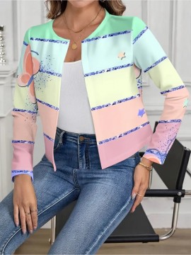 Plus Size - Plus Size Women'S Elegant Pastel Short Cardigan - Soft Pastel Pink, Mint Green, Lavender, Yellow, Brown & Golden Horizontal Striped Sweater with & Patterns, Long Sleeve Open Front Design, Machine Washable Cozy Fall Winter Layering Piece