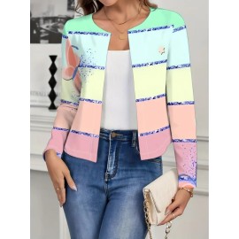 Plus Size - Plus Size Women'S Elegant Pastel Short Cardigan - Soft Pastel Pink, Mint Green, Lavender, Yellow, Brown & Golden Horizontal Striped Sweater with & Patterns, Long Sleeve Open Front Design, Machine Washable Cozy Fall Winter Layering Piece