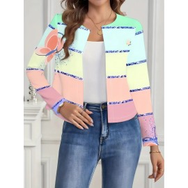 Plus Size - Plus Size Women'S Elegant Pastel Short Cardigan - Soft Pastel Pink, Mint Green, Lavender, Yellow, Brown & Golden Horizontal Striped Sweater with & Patterns, Long Sleeve Open Front Design, Machine Washable Cozy Fall Winter Layering Piece