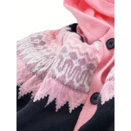 Plus Size, 2D FLAT PATTERN Soft Jacquard Glacier Snow Mountain Hooded Cardigan, Elegant, Fashionable, Comfortable, Casual And Retro Hooded Coat