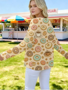 Plus Size, Plus Size Women's Kawaii Donut & Coffee Print Cardigan - Oversized Beige Jacket with Cute Dessert Buttons, Cozy Winter Sweater for Casual Outfits, Themed Parties & Dessert (Pink/Green/Blue/Yellow)