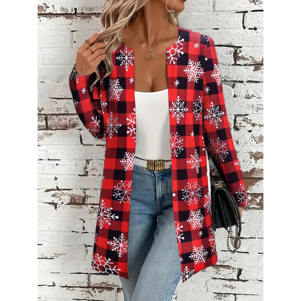 Plus Size, Plus Size Women's Red & Black Plaid Christmas Snowflake Cardigan Sweater - Soft Machine-Washable Winter Coat, Cozy -Free Jacket for Holiday & Casual Attire, Casual Winter Outfits (No Collar, Durable Plus Size Clothing)