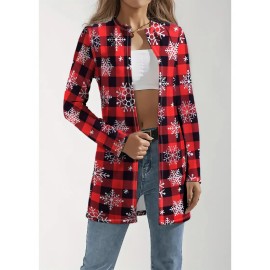 Plus Size, Plus Size Women's Red & Black Plaid Christmas Snowflake Cardigan Sweater - Soft Machine-Washable Winter Coat, Cozy -Free Jacket for Holiday & Casual Attire, Casual Winter Outfits (No Collar, Durable Plus Size Clothing)