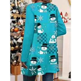 Plus Size - Women'S Christmas plus size Cardigan- Red& Black Checkered Snowman Pattern Longline Loose Fit Lightweight Warm Winter Coat, Machine Washable Elegant Holiday Party Outerwear, Festive Clothing, Comfortable Fabric