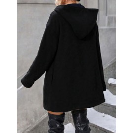 Plus Size, Plus Size Winter Reversible Hooded Jacket with Pockets - Elegant -Like Collar & Lap Jacket, Burgundy/Black Color-Block Coat, Machine Washable Long Outerwear for Plus-Size Ladies (No Closure, Fall/Winter)