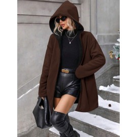 Plus Size, Plus Size Winter Reversible Hooded Jacket with Pockets - Elegant -Like Collar & Lap Jacket, Burgundy/Black Color-Block Coat, Machine Washable Long Outerwear for Plus-Size Ladies (No Closure, Fall/Winter)