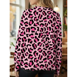 Plus Size - Women'S Plus Size Christmas Leopard Print Cardigan Sweater - Soft Button-Front Closure Coat with Round Neck & Long Sleeves, Pink & All-Over Pattern, Cozy Winter Outerwear for Holiday Parties, Casual Outfits - Ideal Christmas Gift for Wom