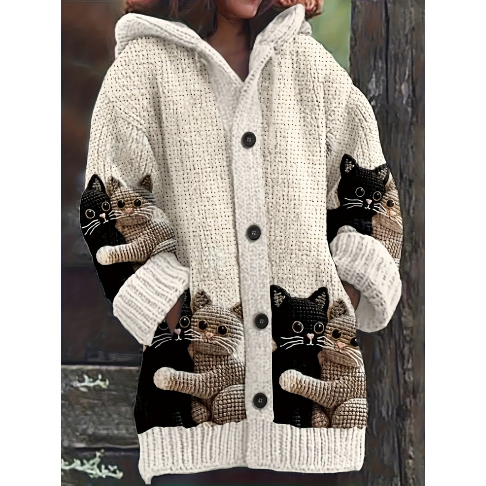 Plus Size, Women's Cozy 3D Cat Print Hooded Cardigan Sweater - Thick Winter Jacket with Front Pockets, Beige & Black Cat Design, Button-Front Closure, Long Sleeve All-Season Coat for Fall/Winter, Cat Lover Gift (Realistic Tabby/Tuxedo Patterns)