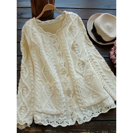 Plus Size, Plus Size Women's Casual Open Front Sweater, Long Sleeve with Pocket and Buttoned Scallop Hem