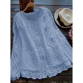 Plus Size, Plus Size Women's Casual Open Front Sweater, Long Sleeve with Pocket and Buttoned Scallop Hem