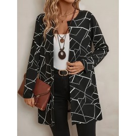 Plus Size - Plus Size Women'S Elegant Geometric Print Cardigan - Long Sleeve Open Front Jacket, Black & White Patterned Design, Casual Yet Stylish for Spring/Fall, Perfect for Commuting Or Casual Attire, Versatile Layering Piece | Elegant Open Front