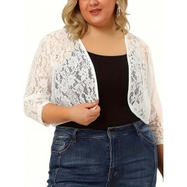 Plus Size Kimono Women Cardigan - Sheer Floral Pattern, 3/4 Sleeve, Open Front Shawl, Casual Spring/Summer Wear, Black, Elegant Event Wear, Short Length, Slight Stretch Fabric, No Lining