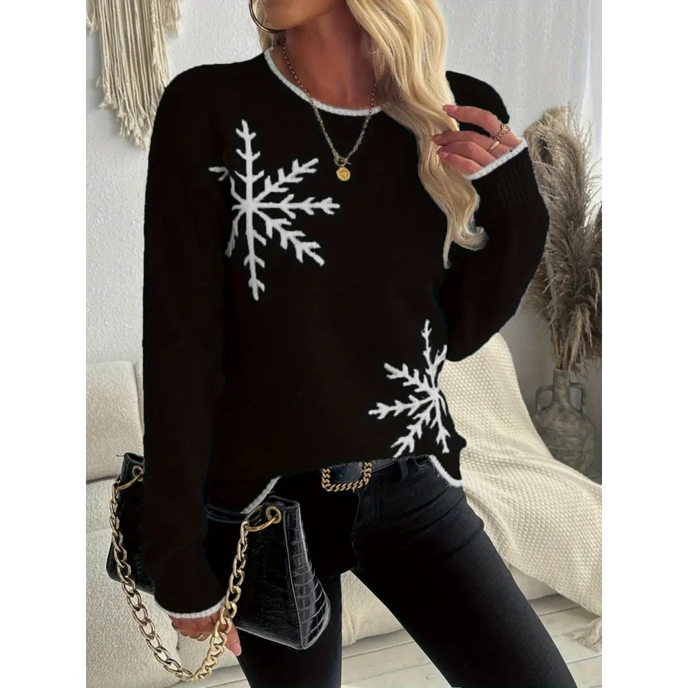 Women'S Snowflake Print Sweater - Winter Season, Holiday Style, Long Sleeves, Contrast Trim, Trendy Holiday Fashion, Ideal For Christmas Parties, Winter Outings, And Festive Events