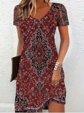 Women'S Ethnic Print Summer Dress - V-Neck, Short Sleeve, Bodycon Fit, Long Length, Flared Hem, Casual Style for Outdoor Activities, Casual Summer Dress | Vneck Dress | Stretchy Fabric