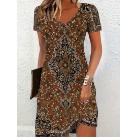 Women'S Ethnic Print Summer Dress - V-Neck, Short Sleeve, Bodycon Fit, Long Length, Flared Hem, Casual Style for Outdoor Activities, Casual Summer Dress | Vneck Dress | Stretchy Fabric